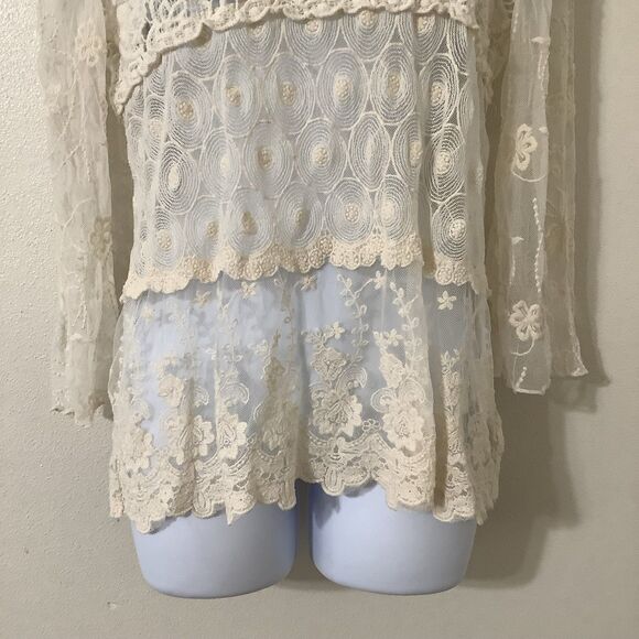 Cream Sheer Lace Crochet Fairycore Fairy Bohemian Hippie Boho Lagenlook Top M - Picture 3 of 7